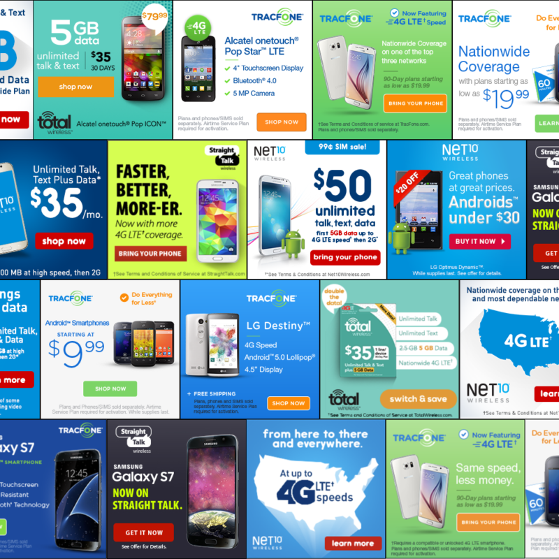 Collage of HTML5 banner ads built for the Tracfone brands